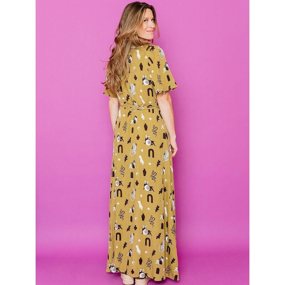 Mata Traders Brea Wrap Dress Womens XS Green Novelty Print Maxi Tencel Boho - Picture 3 of 16